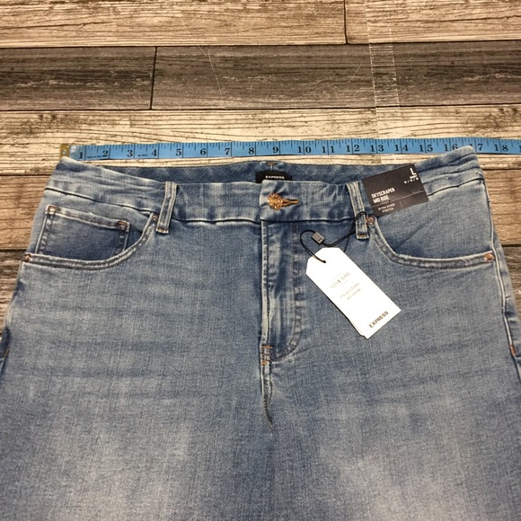 Express Skyscraper Mid Rise Jeans Women’s L Short 12/14/16 Blue Split Hem - Picture 4 of 10